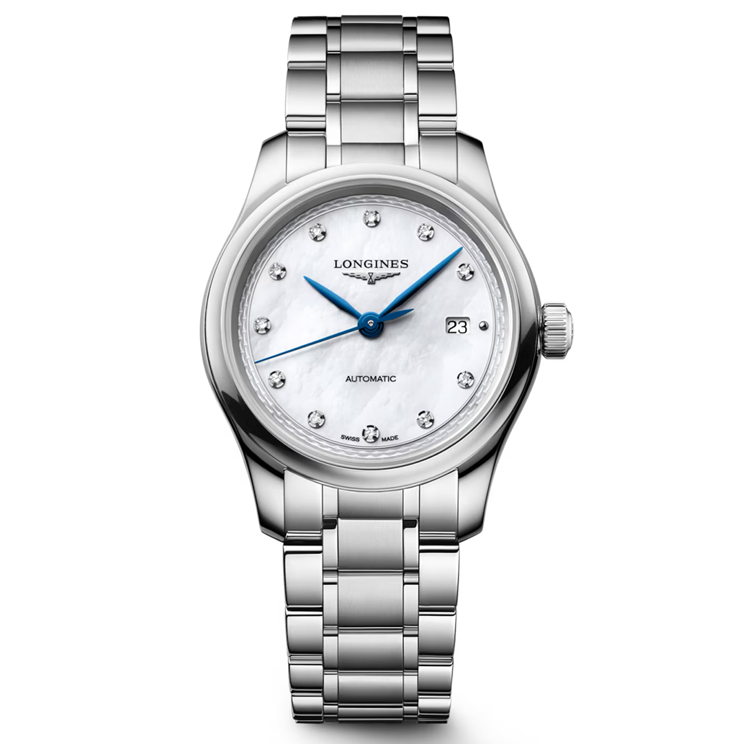 A Longines Master Collection Automatic 30mm Watch with a silver-tone finish, mother-of-pearl dial, diamond hour markers, blue hands, and a date window at the three o’clock position.