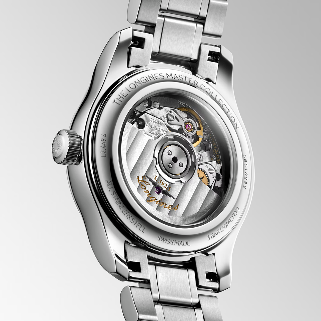 The exhibition case back of a Longines Master Collection Automatic 30mm Watch, revealing the intricate horological craftsmanship of the internal automatic movement.