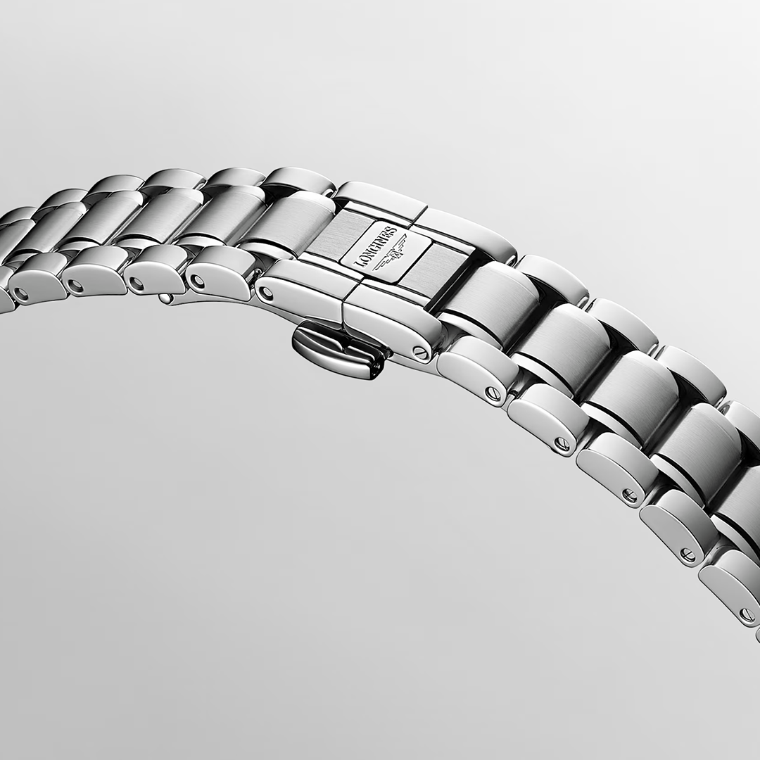 A close-up of a silver-toned Longines Master Collection Automatic 30mm Watch bracelet featuring a refined deployant clasp.