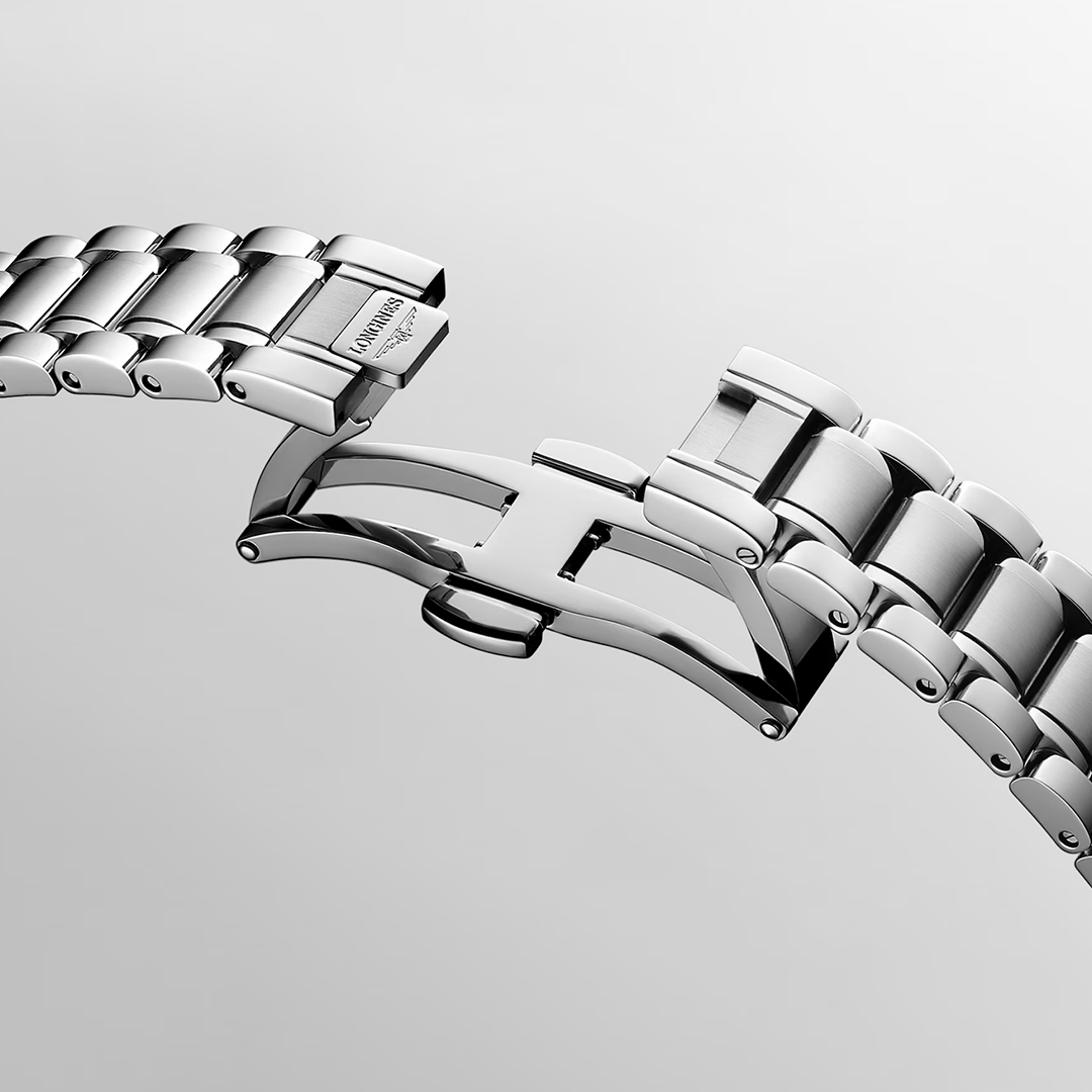 Silver-tone metal watch bracelet from the Longines Master Collection Automatic 30mm Watch, featuring a butterfly deployment clasp in the open position.
