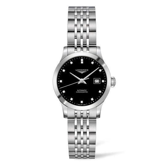 The Longines Record Automatic 40mm Watch from the renowned brand Longines features a stylish silver stainless steel construction paired with a sophisticated black dial. It includes COSC-certified automatic movement, with silver hour markers, three hands, and a date window positioned at 3 o'clock. The bracelet showcases an elegant combination of polished and brushed finishes.