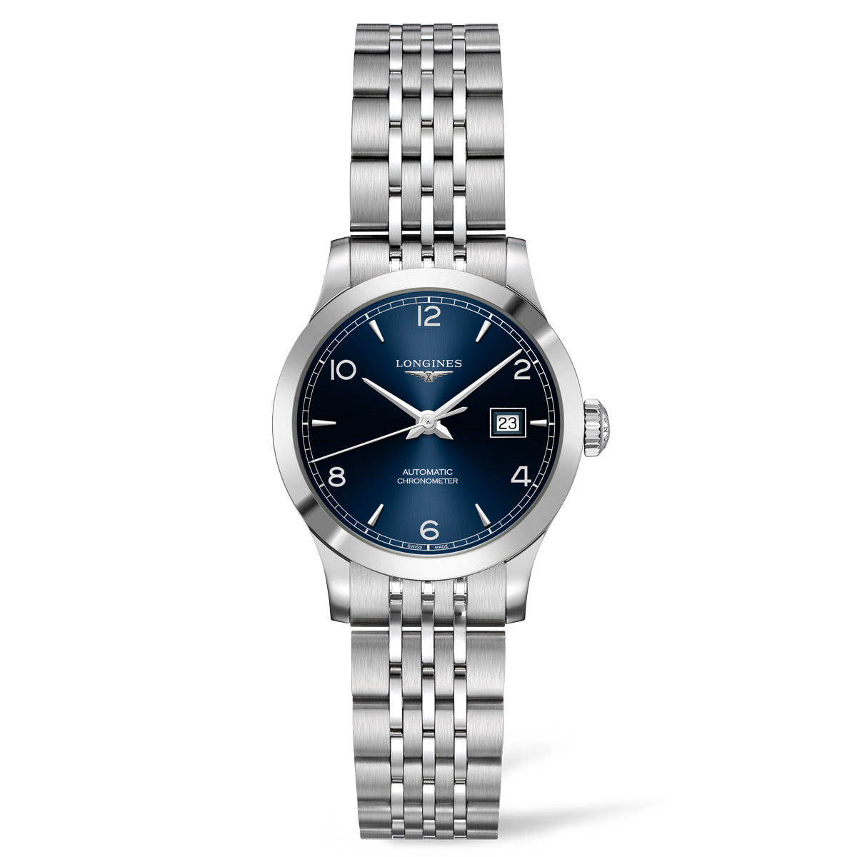 The Longines Record Automatic 30mm Watch features a silver metal case with a blue round dial, adorned with white hour markers and a date display near the 3 o'clock position. The watch boasts an automatic movement and a metal link band, with the brand name "Longines" prominently displayed on the dial.