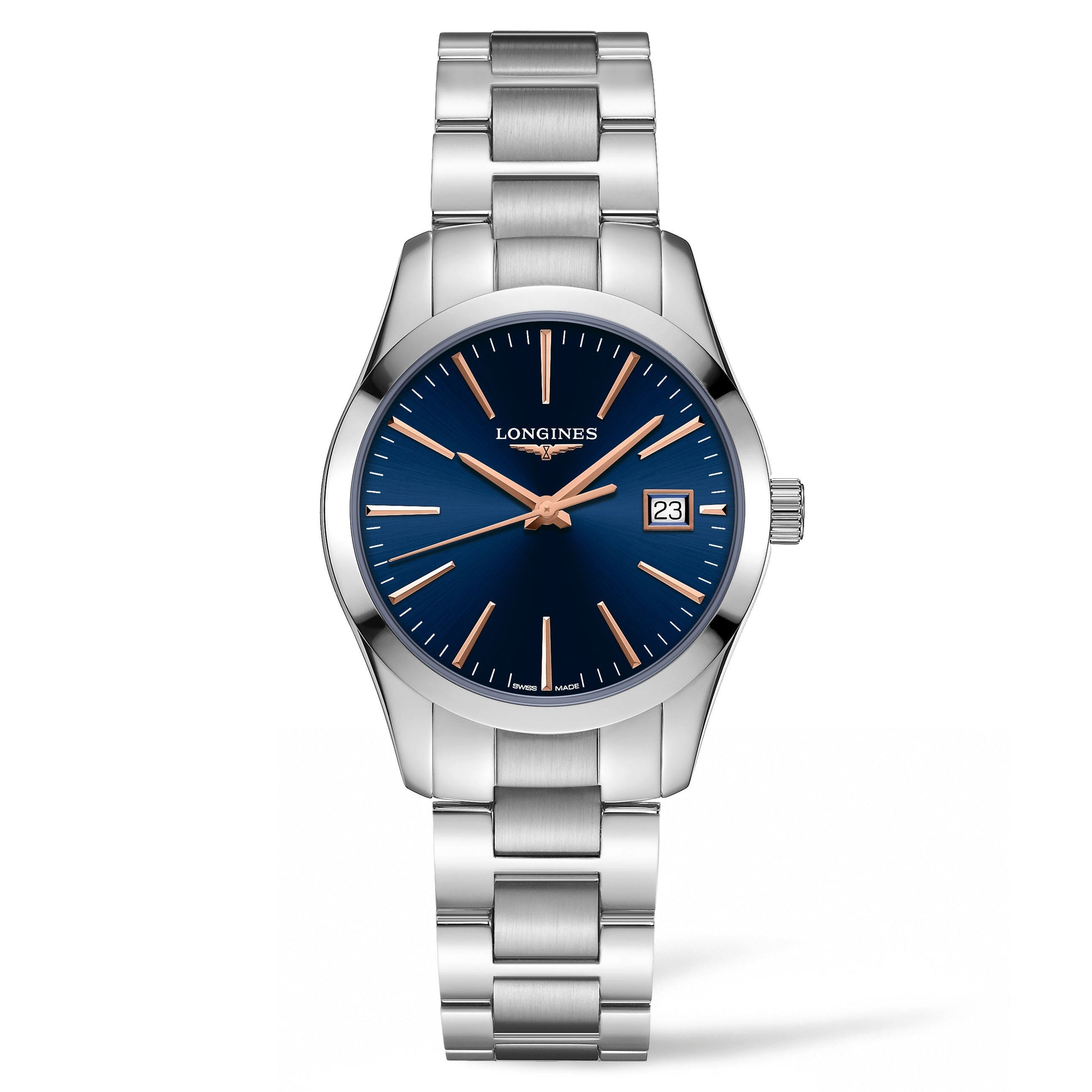 The Longines Conquest Classic Quartz 34mm Watch, a sleek and modern creation by the prestigious Swiss brand Longines, features a dark blue face with silver hour markers and hands. With a date display at the 3 o'clock position, its stainless steel bracelet enhances its timeless appeal.