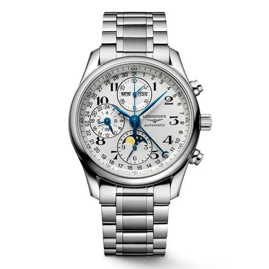The Longines Master Collection Automatic Chronograph 40mm Watch features a detailed face with subdials displaying the day, month, and a 24-hour clock. It showcases Arabic numerals on the main dial along with a moon phase indicator. Accompanied by a metal link band and three side buttons, this silver wristwatch from Longines embodies traditional watchmaking craftsmanship.