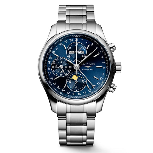 The Longines Master Collection Automatic 42mm Watch, with its sleek silver metal design, features a striking blue dial complete with multiple subdials. This remarkable timepiece showcases day, date, and month displays along with a moon phase indicator. Its polished bracelet seamlessly complements the Longines brand name elegantly displayed on the watch face.