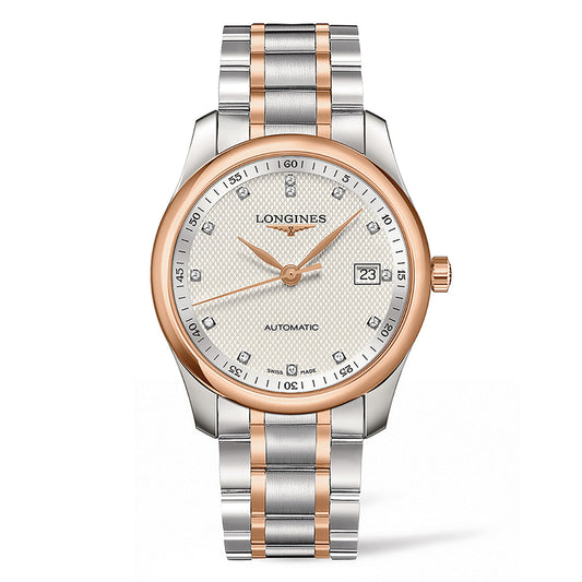 The Longines Master Collection Automatic 40mm Watch showcases a silver and rose gold metal band, embodying traditional watchmaking. Its round face features a textured silver dial with rose gold hour markers and includes a date display at the 3 o'clock position, placing it among exceptional timepieces.