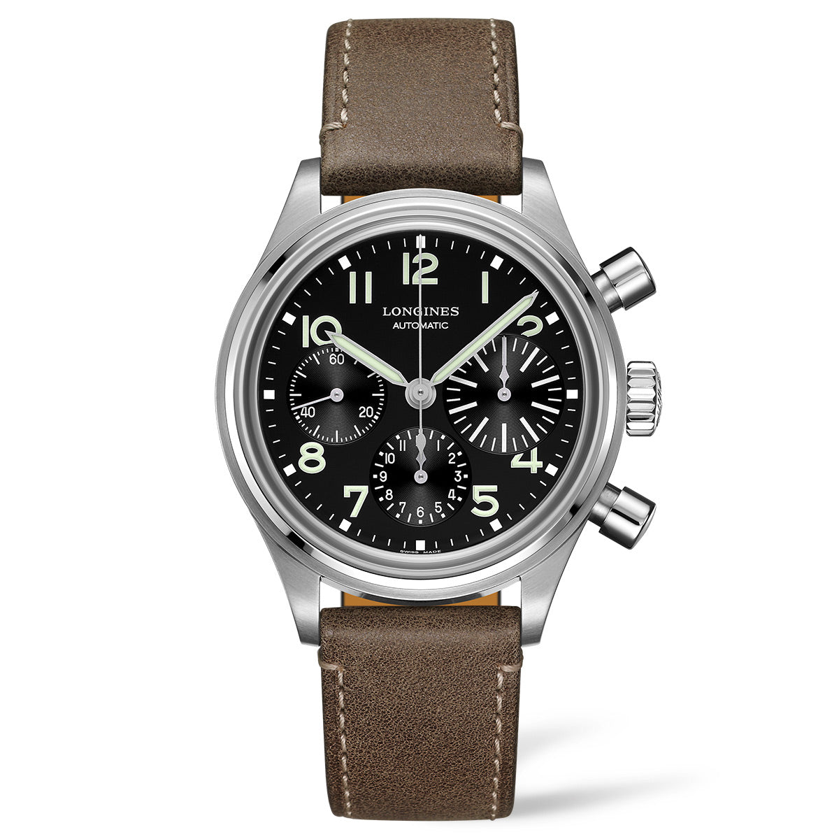 This Longines Avigation Bigeye Automatic 41mm Watch boasts a self-winding mechanical movement housed in a stainless steel case. It features a black dial with three subdials, white Arabic numerals, and luminescent hands. The timepiece is finished with a brown leather strap with visible stitching, reflecting the classic style of pilots' watches.