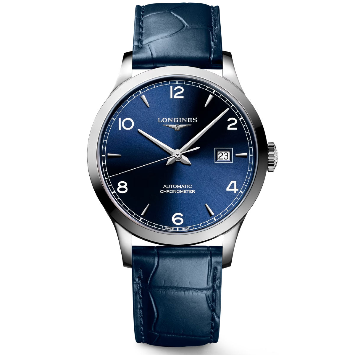 Explore the Longines Record Automatic 40mm Watch, a luxury timepiece by Longines featuring a blue leather strap and silver case. It is equipped with a silicon balance spring for precision, showcasing a blue dial with white hour markers, a date window at 3 o'clock, and chronometer certification for exceptional accuracy.