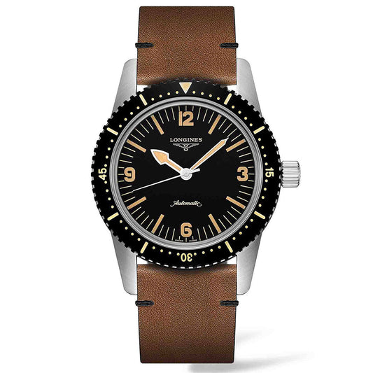 The Longines Skin Diver Automatic 42mm Watch is a stylish heritage timepiece featuring a brown leather strap and a silver case. The black dial showcases white and gold markings, bold Arabic numerals, and includes a date display. Its bezel is black with gold accents, and the luminescent hands ensure clear visibility, making it perfect for diving adventures.