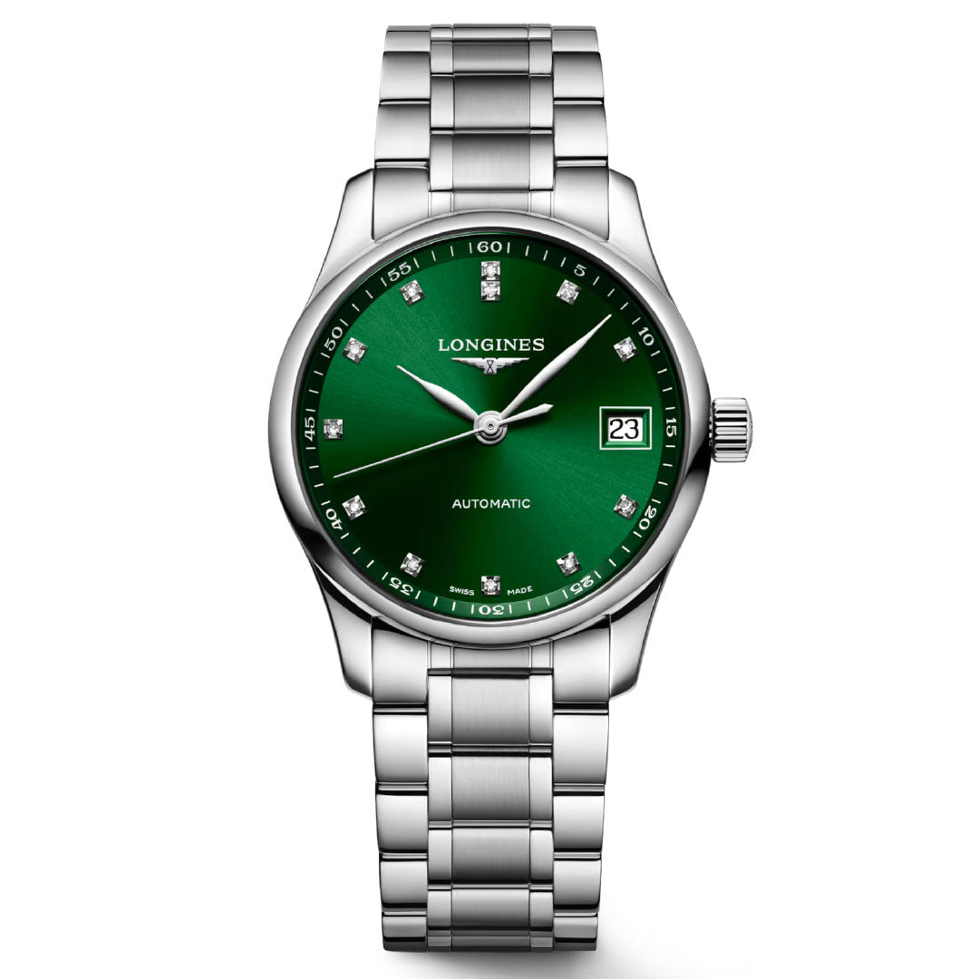 The Longines Master Collection Automatic 34mm Watch, made of stainless steel, features a green dial with silver hour markers and hands. The "Longines" brand signature graces the dial, highlighting its exceptional timepieces. It includes a date window at 3 o'clock and is powered by an automatic movement.