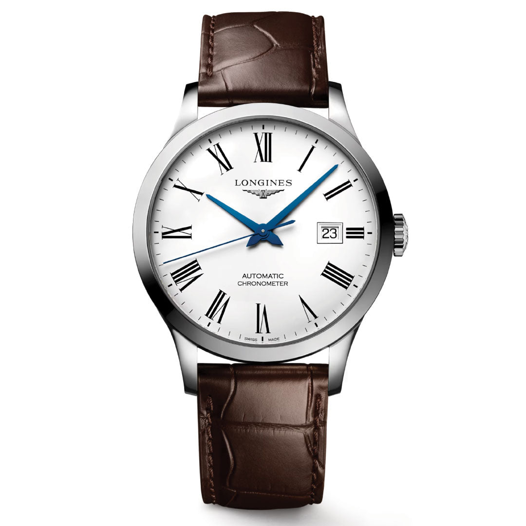 The Longines Record Automatic 40mm Watch embodies classic elegance, featuring a white dial with blue hands and Roman numerals, along with a date display at the 3 o'clock position. Complete with a brown leather strap, this Longines timepiece also highlights "Automatic Chronometer" on its dial.