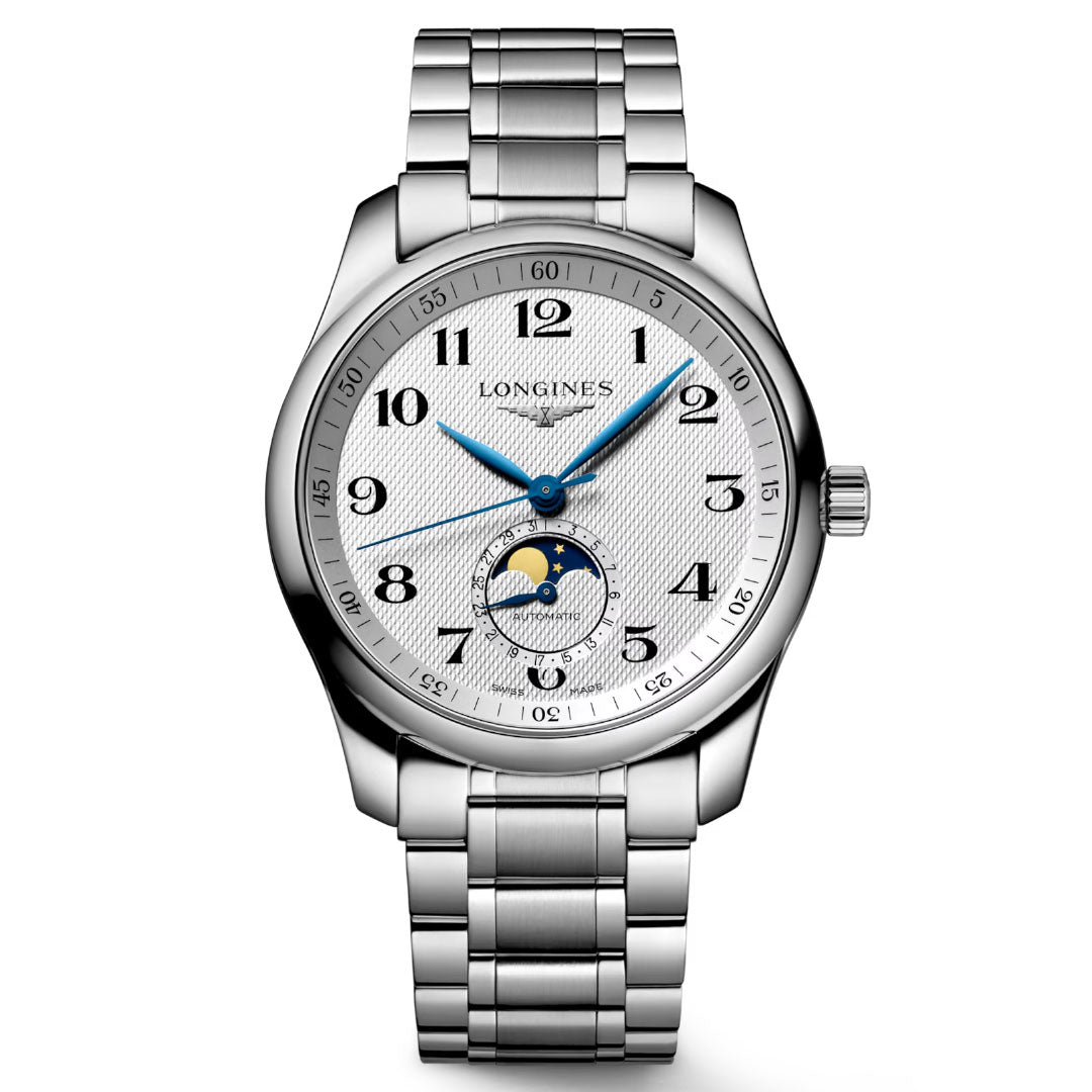 The Longines Master Collection Moonphase Automatic 40mm Watch features a silver metal bracelet, white textured dial, blue hands, black numerals, moonphase subdial above 6 o’clock, and polished bezel with crown on the right.