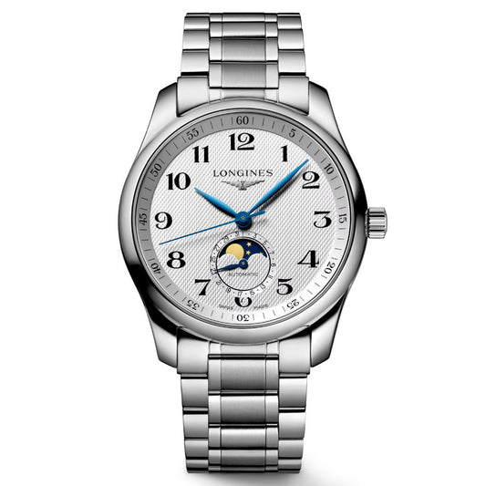 The Longines Master Collection Moonphase Automatic 40mm Watch features a silver metal bracelet, white textured dial, blue hands, black numerals, moonphase subdial above 6 o’clock, and polished bezel with crown on the right.