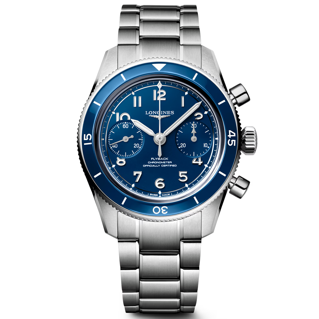 Blue Longines Spirit Pilot Flyback Automatic Manual Winding 39.5mm Watch with a stainless steel link bracelet, featuring a rotating bezel and three sub-dials.