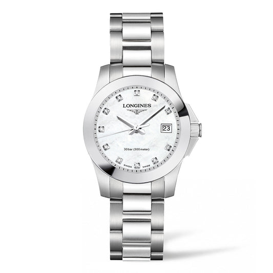 Introducing the Longines Conquest Quartz 29.5mm Watch, crafted from stainless steel and featuring a sophisticated silver bracelet. The timepiece boasts a round white dial embellished with silver hour markers and small diamonds, along with a date display for added functionality. Its smooth bezel enhances its elegance, and it offers impressive water resistance up to 300 meters.