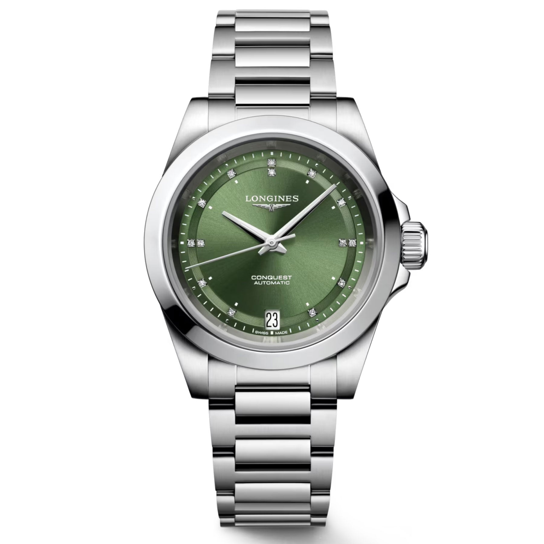 The Longines Conquest Automatic 34mm Watch exudes elegance with its silver casing and green dial, complemented by a metal bracelet. It features silver hour markers and a date display at the 6 o'clock position, blending style with performance while capturing the essence of conquest.