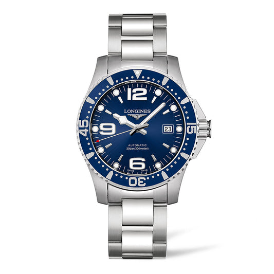 The Longines HydroConquest Automatic 41mm Watch combines a sleek silver stainless steel design with a striking blue dial and bezel, featuring large white numerals and markers. Its luminous hands point to a date display at the 3 o'clock position, while the Longines logo is prominently displayed on the dial. Ideal for those who appreciate both style and precision.