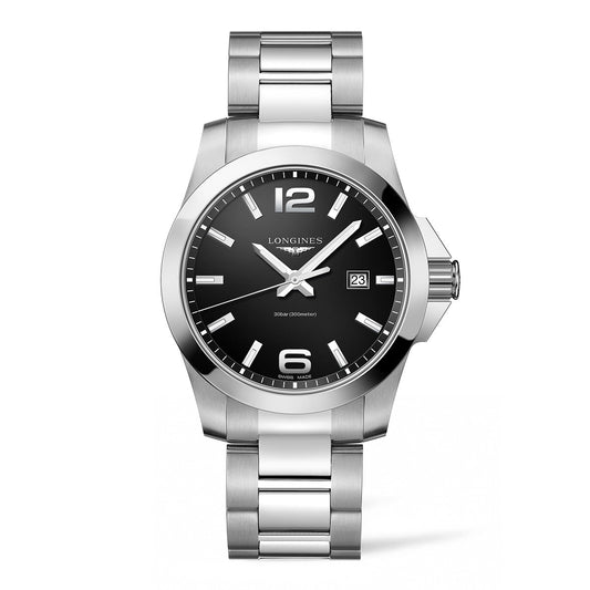 The Longines Conquest Quartz 43mm Watch by Longines is a stainless steel wristwatch featuring a large silver bezel and black dial. It showcases silver hour markers, a date display at 3 o'clock, and silver hands, complemented by a polished stainless steel link bracelet.