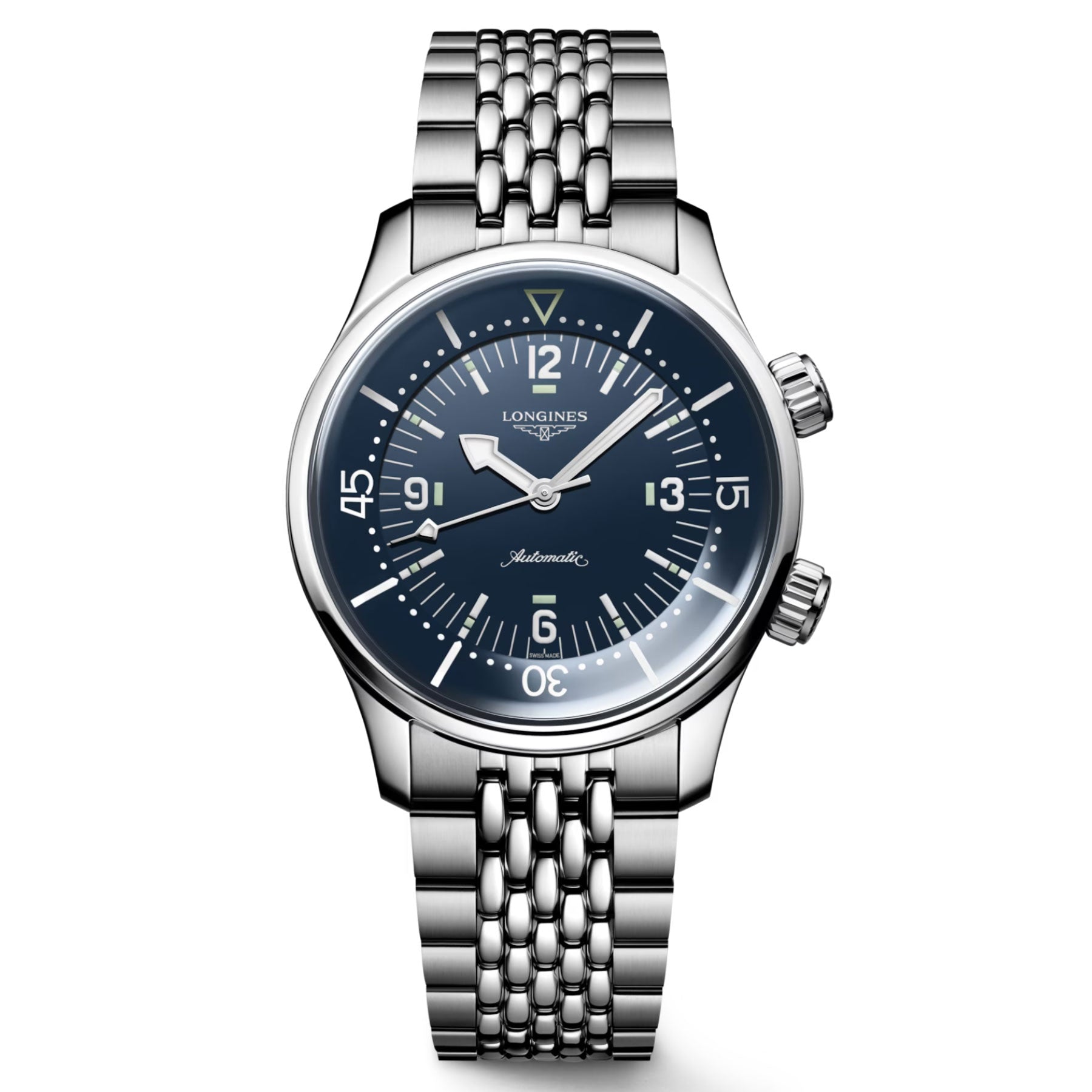 Discover the sophistication of the Longines Legend Diver Automatic 39mm Watch, a polished stainless steel timepiece with a deep blue dial and silver accents. Enhanced by prominent Arabic numerals and indices, this watch is equipped with a multi-link metal bracelet, two crowns, and impressive water resistance rated up to 30 bar.