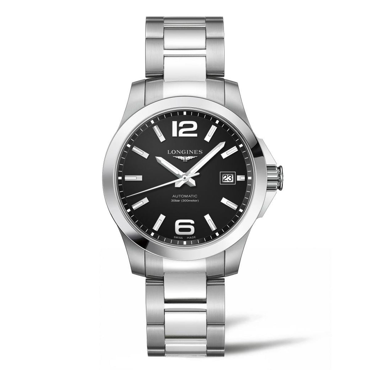 The Longines Conquest Automatic 39mm Watch showcases a stainless steel wristwatch style with a black dial, featuring bold white hour markers and hands. The brand name, Longines, along with "Automatic," is displayed above the 6 o'clock position, and there is a date window at the 3 o'clock position.