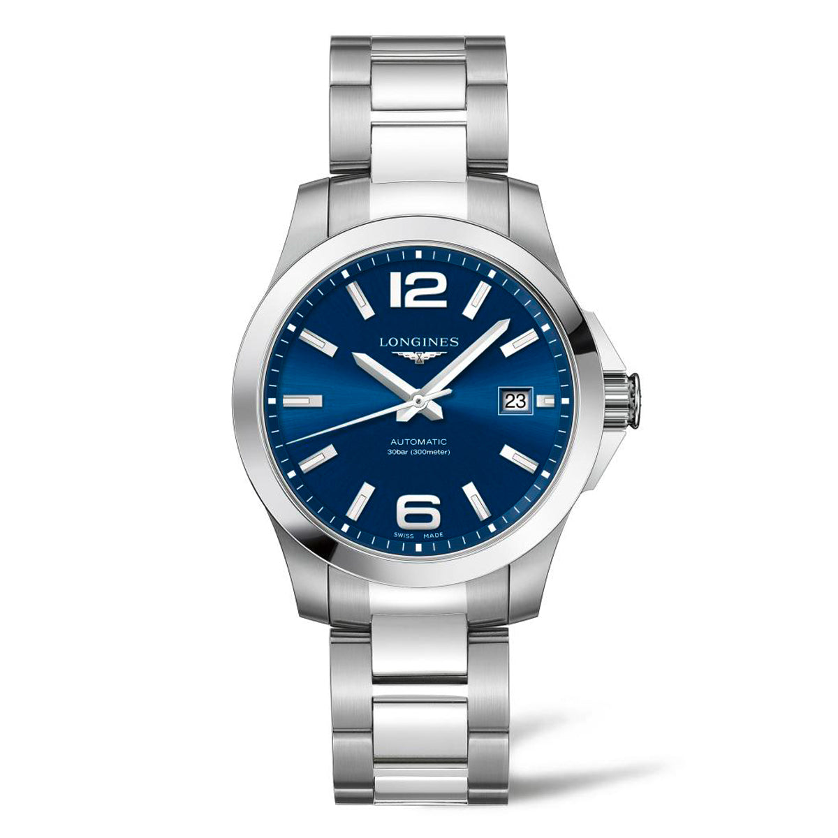 The Longines Conquest Automatic 39mm Watch is a silver timepiece with a blue dial, showcasing white numerals and markers. It features a date display at the 3 o'clock position and comes with a stainless steel bracelet.