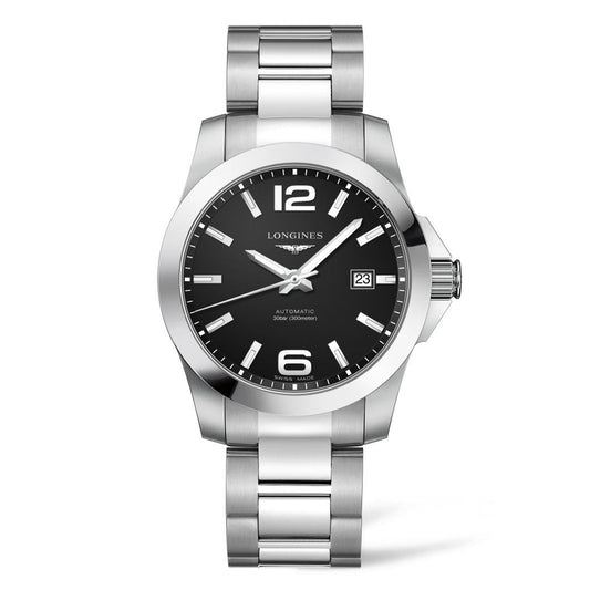 Introducing the Longines Conquest Automatic 41mm Watch—a sophisticated timepiece crafted from stainless steel. This watch features a black dial with white hour markers and hands, a date display at the 3 o'clock position, and a sleek silver link bracelet. The iconic Longines brand name is elegantly displayed on the dial.