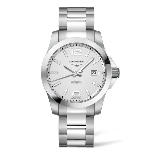 The Longines Conquest Automatic 41mm Watch features a silver round face with a metal band and includes a date window. The dial is silver with matching silver hour markers and hands, displaying the brand "Longines" along with "Automatic 300m/1000ft.