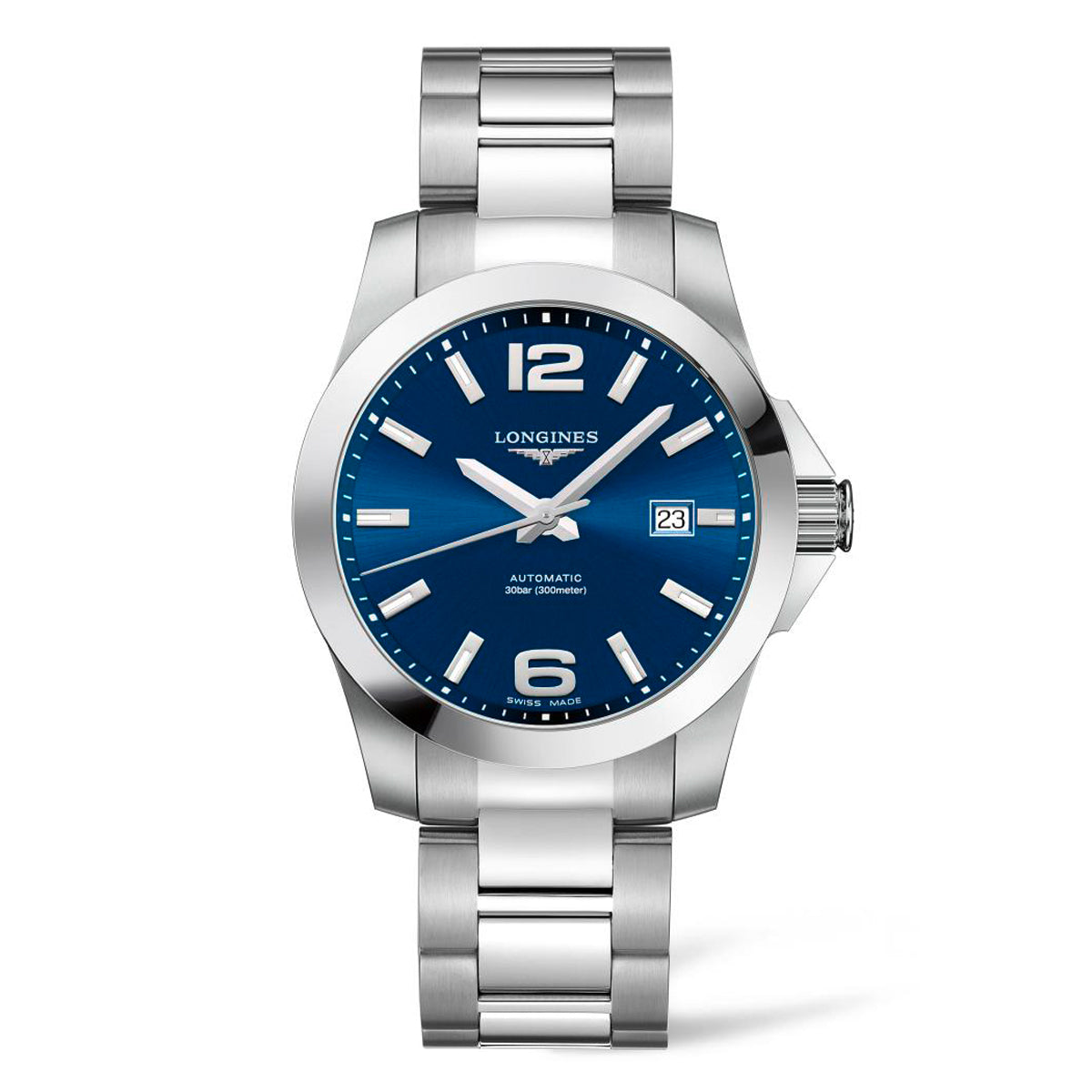 The Longines Conquest Automatic 41mm Watch boasts a silver wristband with a polished finish and features a blue dial adorned with the Longines logo. It includes prominent white hour markers, elegant silver hour and minute hands, and a date display window positioned at 3 o'clock.