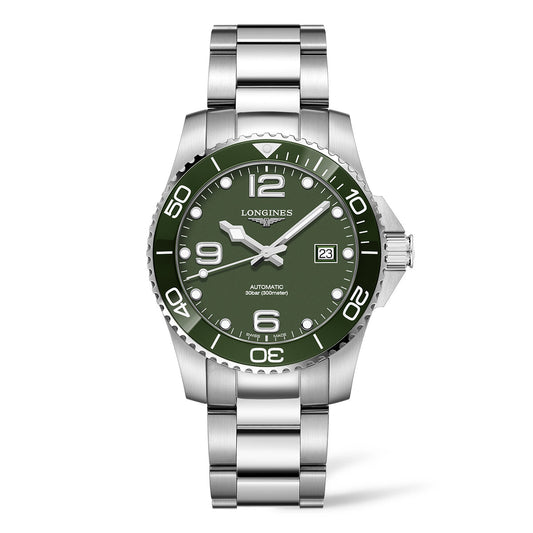 The Longines HydroConquest Automatic 41mm Watch features a silver metal band and a green dial adorned with silver and white markings. It includes numerals at 12, 6, and 9 o'clock, as well as a date display at the 3 o'clock position. The bezel is equipped with minute markers, and the Longines brand name is prominently displayed below the 12 o'clock position.