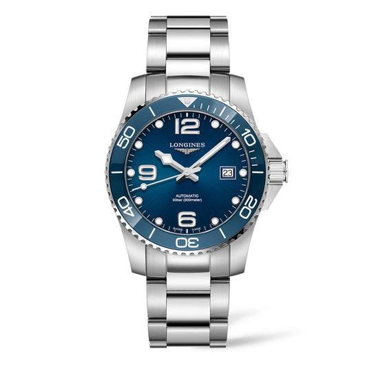 The Longines HydroConquest Automatic 41mm Watch is crafted from silver stainless steel and boasts a blue dial adorned with prominent white numbers, a date window, and a rotating bezel. This timepiece proudly displays the Swiss watch brand Longines’ name and logo on the dial, and it features an elegant three-link metal bracelet.