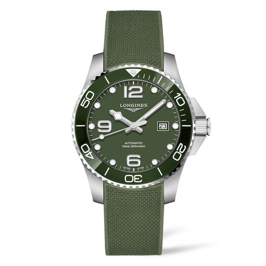 The Longines HydroConquest Automatic 43mm Watch, crafted by Longines, showcases a refined design with its silver and green color scheme. It features a striking green dial with white hour markers, a convenient date display, and a coordinated green strap. The bezel complements the look in green adorned with silver markings.