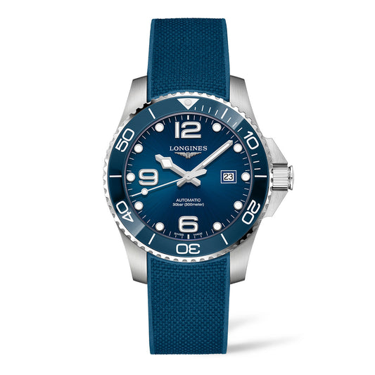 The Longines HydroConquest Automatic 43mm watch boasts a captivating blue face and matching blue fabric strap. It includes a rotating bezel, luminous markers, and a date display positioned at 3 o'clock. Celebrated for its precision, the word "Automatic" is prominently displayed on the watch face.