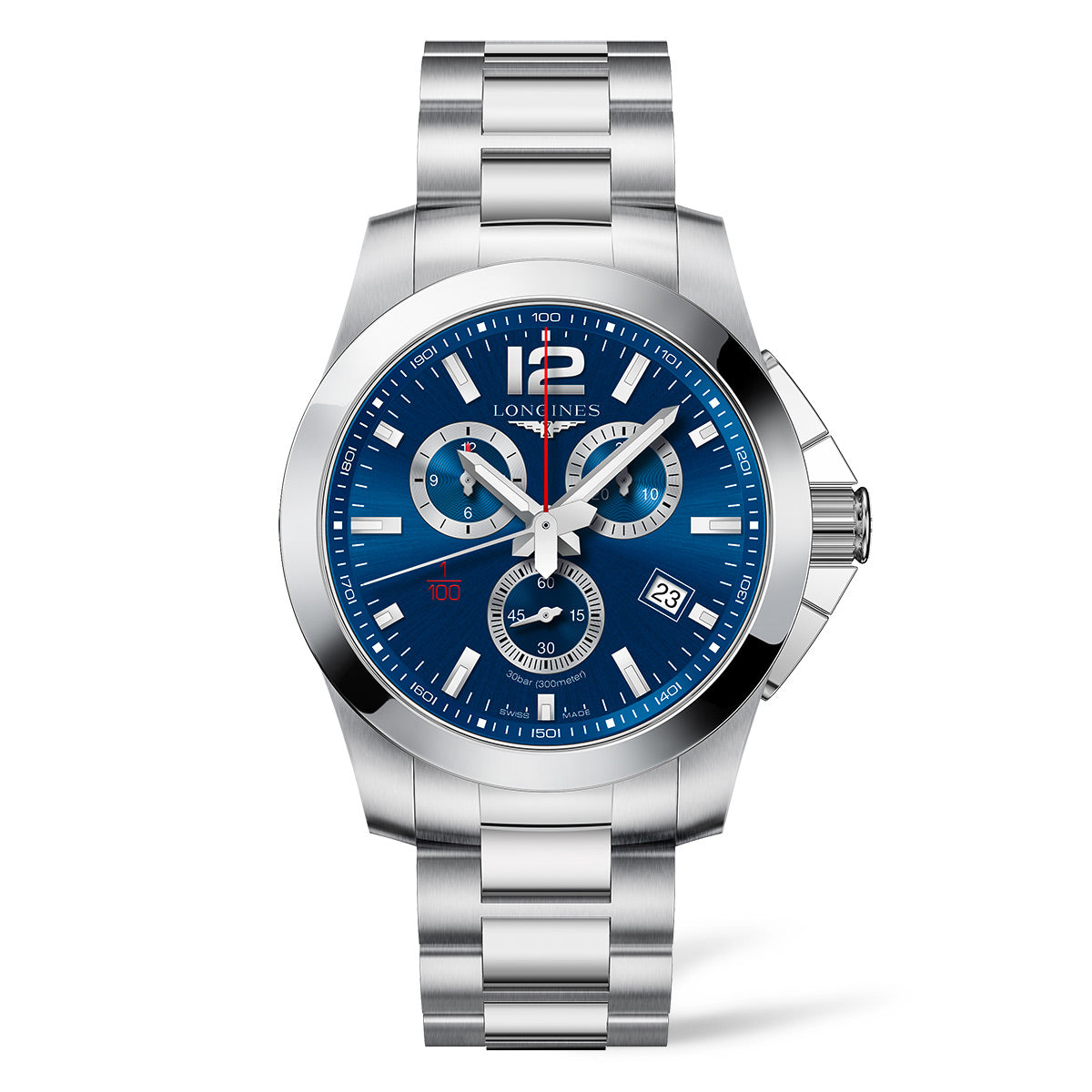 The Longines HydroConquest Quartz 44mm Watch features a stainless steel design, complemented by a blue dial with three sub-dials, a date window, and silver hour markers. Its sleek and polished bezel seamlessly matches the metal bracelet, delivering a sporty yet elegant aesthetic characteristic of the Longines brand.