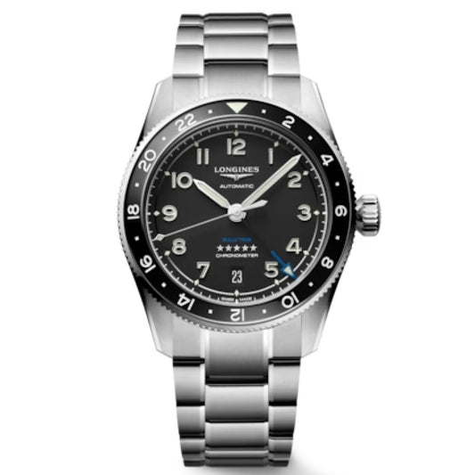 The Longines Spirit Zulu Time Automatic COSC 39mm Watch, made of stainless steel, showcases a black dial with luminous numerals and hands. It features a date display at the 3 o'clock position, a rotating bezel, and is equipped with a five-link bracelet. The brand "Longines" is prominently displayed on the dial, enhancing the sophistication of this timeless piece.