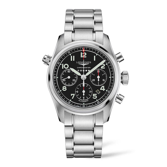 The Longines Spirit Automatic 42mm Watch by Longines is a stainless steel chronograph featuring a black dial with three subdials and silver hour markers and hands. It includes a date function and a tachymeter scale on the outer edge, while the metal bracelet has a polished finish, reflecting its pioneering spirit.