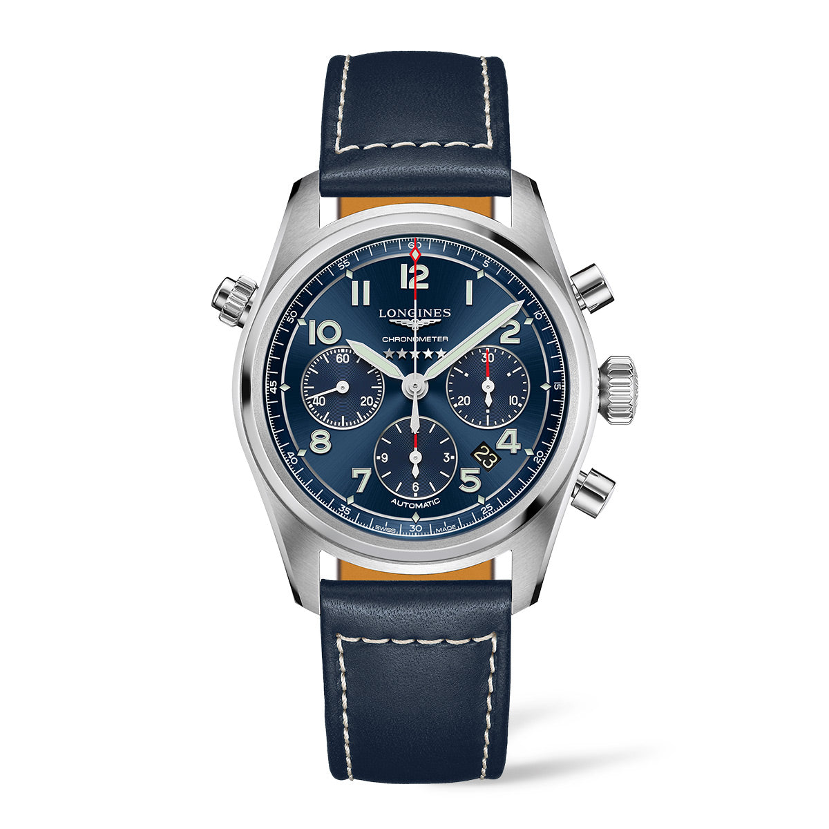 The Longines Spirit Automatic 42mm Watch by Longines showcases a striking navy blue face and strap, complemented by three sub-dials, a date window, and silver-tone hands and markers. It features a stainless steel case with a white-stitched strap that reflects cutting-edge technology fused with a pioneering spirit.