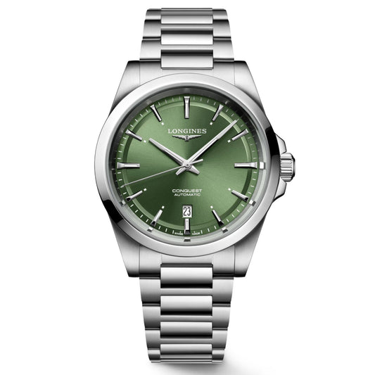 The Longines Conquest Automatic 41mm Watch in silver metallic exudes elegance with its green dial and stainless steel bracelet. Featuring the "Longines" brand name, this timepiece includes a date window at 3 o'clock, complemented by silver hands and hour markers.