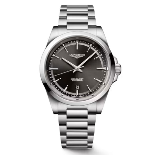 The Longines Conquest Automatic 41mm Watch by Longines showcases a silver stainless steel band and a dark grey dial. It is accented with silver hour markers, a date display positioned at 3 o'clock, and luminous hands. The brand logo is prominently displayed beneath the 12 o'clock position.