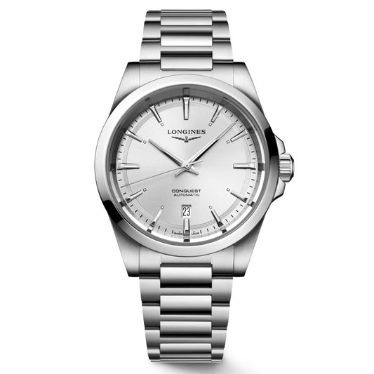 The sophisticated Longines Conquest Automatic 41mm Watch features a silver finish and showcases a white dial with minimalist hour markers and a date window at 3 o'clock. Complemented by a polished metal bracelet, this timepiece seamlessly merges sleek design with outstanding performance.