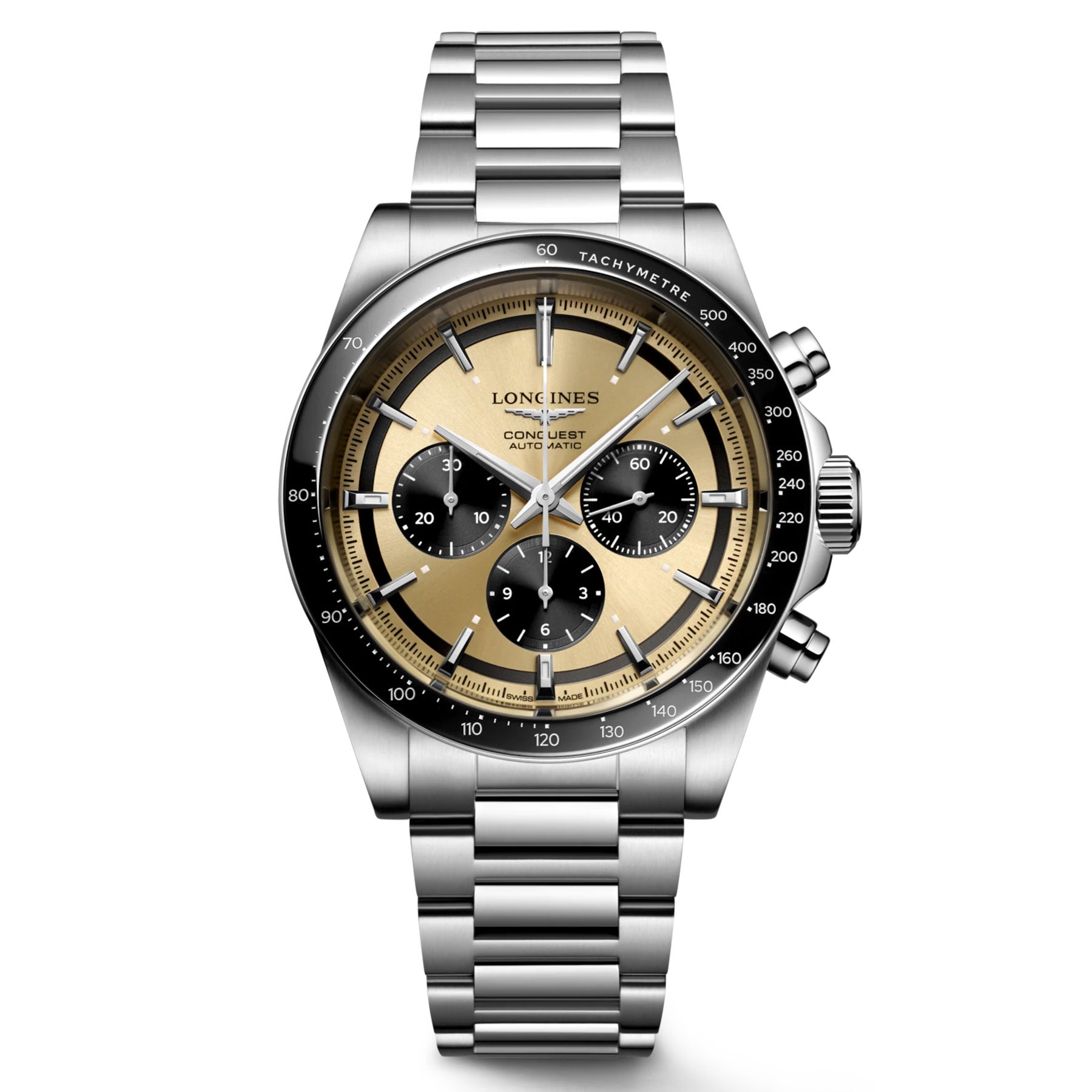 The Longines Conquest Automatic 42mm Watch exudes elegance with its silver design, featuring a polished metal strap and a sophisticated gold and black face. It includes three black subdials, tachymeter markings on the bezel, and silver-tone hour markers and hands. The Longines brand name is prominently displayed on the face, capturing the true spirit of Conquest.