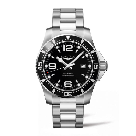 The Longines HydroConquest Automatic 43mm Watch features a sophisticated silver stainless steel design with a sleek black dial accented by silver markers. It includes a unidirectional bezel and a date window at the 3 o'clock position. Additionally, it comes with a durable three-link bracelet and a folding clasp for secure wear.