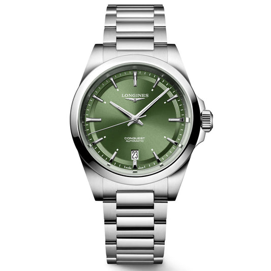 The Longines Conquest Automatic 38mm Watch features a stainless steel case, metallic link band, green dial with Swiss Super-LumiNova® silver markers and hands, date at 6 o’clock, and water-resistant dial with the Longines brand visible.