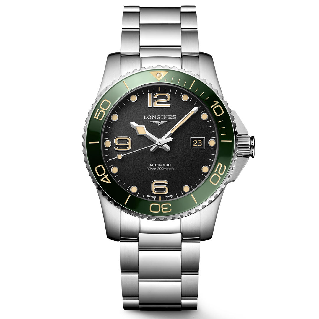 The Longines HydroConquest Automatic 41mm Watch is a silver stainless steel timepiece featuring a green bezel, a black dial, and silver hour markers. As a renowned Swiss watch brand, its design includes the Longines logo on the dial, a date display at 3 o'clock, and refined silver hands.