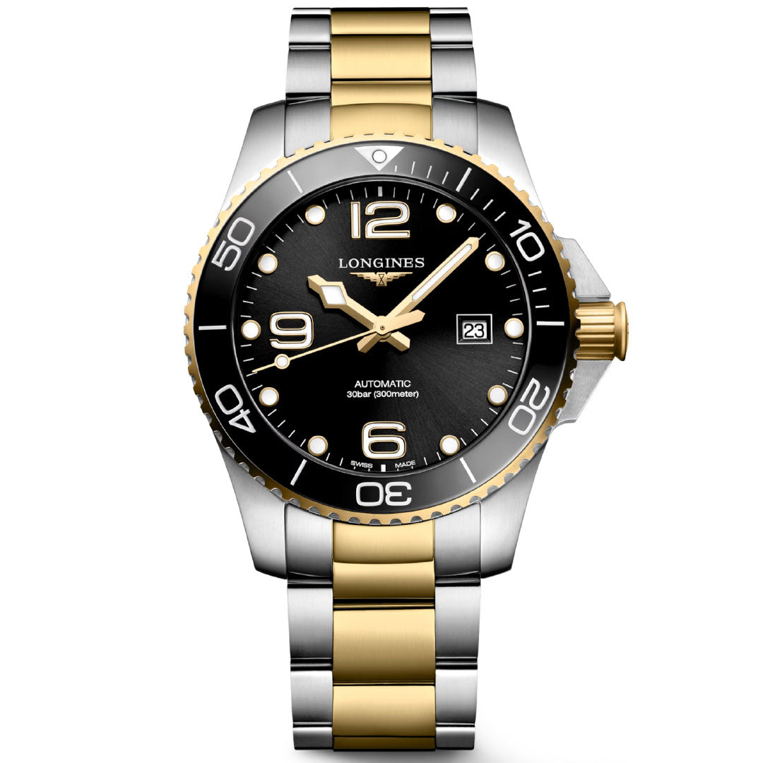 The Longines Hydroconquest Automatic 43mm Watch features a two-tone gold and silver band, black bezel with white numerals, black dial with gold accents, date at 3 o'clock, and luminous hands and hour markers.