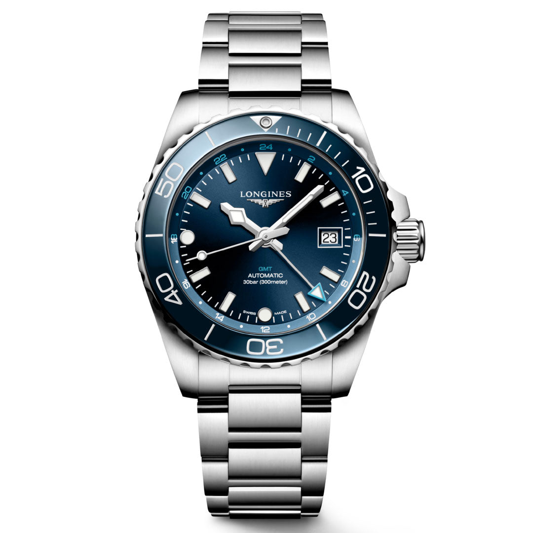 The Longines HydroConquest Automatic 41mm Watch from the Longines brand features a silver stainless steel design with a blue dial and bezel. It is equipped with a date display at 3 o'clock, luminous hour markers, and an automatic movement. The stainless steel case provides water resistance up to 300 meters.