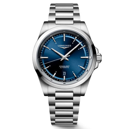 The Longines Conquest Automatic 41mm Watch exudes elegance with its silver metallic design, blue dial, and silver hour markers. It features a date window at 3 o'clock and comes with a polished stainless steel bracelet. The "Longines" brand is prominently displayed on the dial, embodying timeless performance.