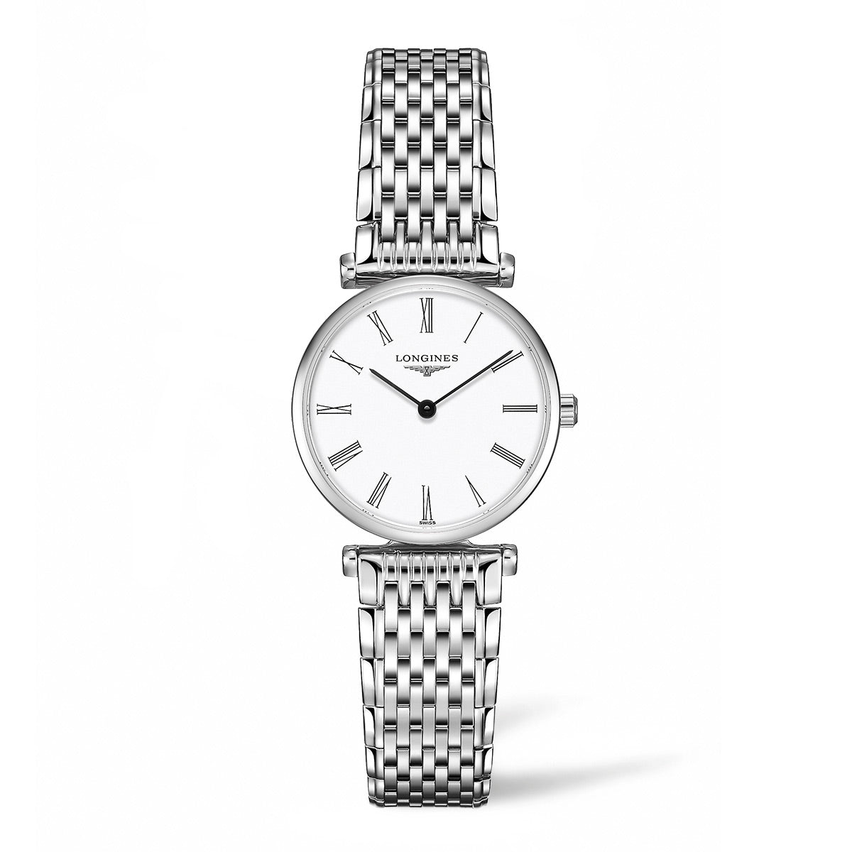 The Longines La Grande Classique Quartz 24mm Watch features a sleek white face adorned with Roman numerals. Its ultra-thin design and delicate, linked metal band convey an understated elegance, set elegantly against a plain white background.