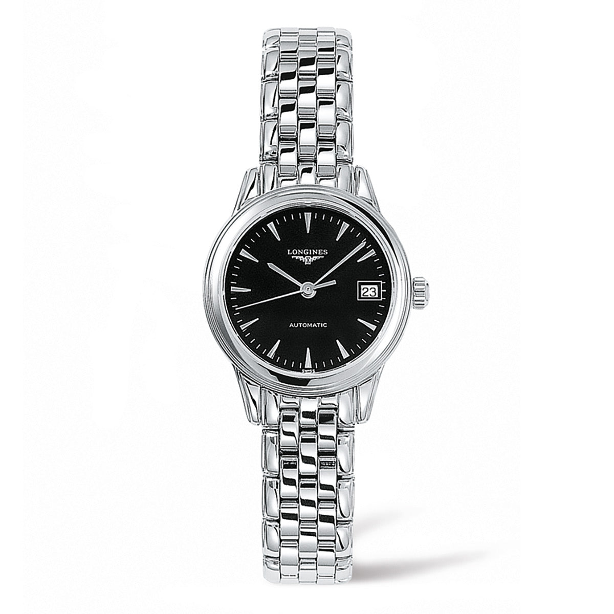 The Longines Flagship Automatic 26mm Watch, crafted by Longines, presents a silver case paired with a black dial highlighted by silver hour markers. It boasts an automatic movement and is protected by a scratch-resistant sapphire crystal. The watch also includes a date display at the 3 o'clock position and features a sleek linked design on its metal bracelet.