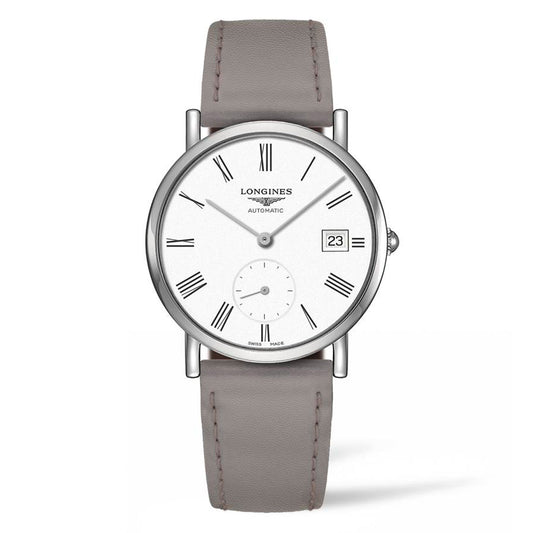 This Longines Elegant Collection Automatic 34.5mm Watch features a classic silver frame and white dial adorned with Roman numerals, accompanied by a date display. Its design includes a small seconds subdial and is elegantly paired with a gray leather band, making it a timeless piece for any collection of exquisite timepieces.