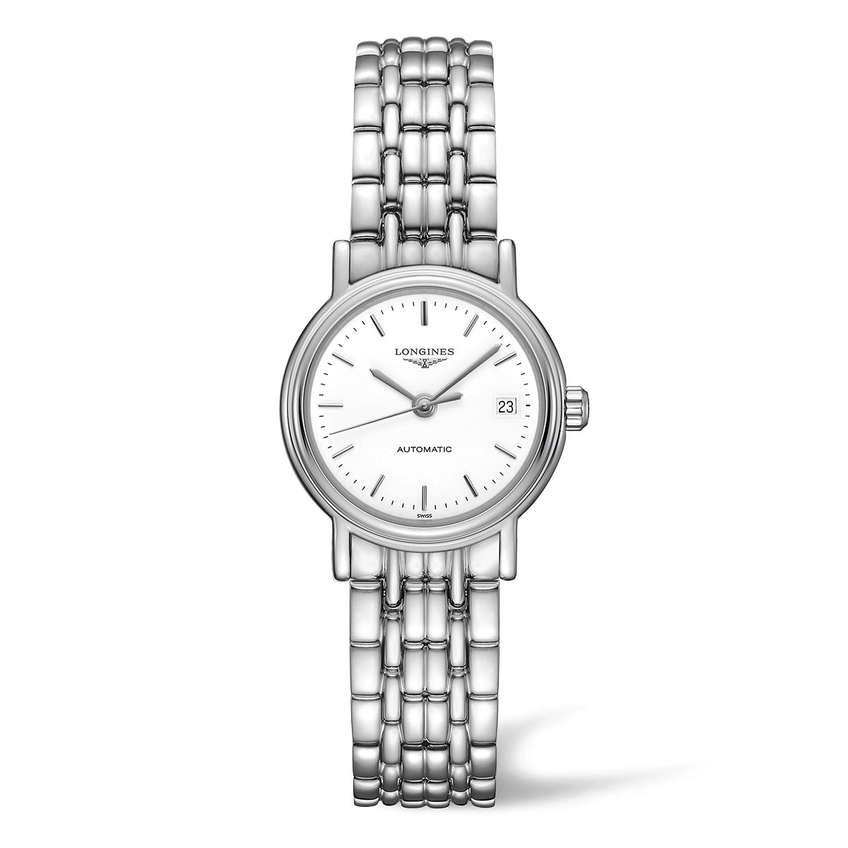 The Longines Présence Automatic 25.5mm Watch is a sleek silver wristwatch with a linked metal band. The white watch face features simple hour markers, two hands, and a small date window, with the word "Automatic" and the brand name "Longines" visible on the face.